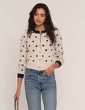 Reika Cardi in ivory with navy dots, front view