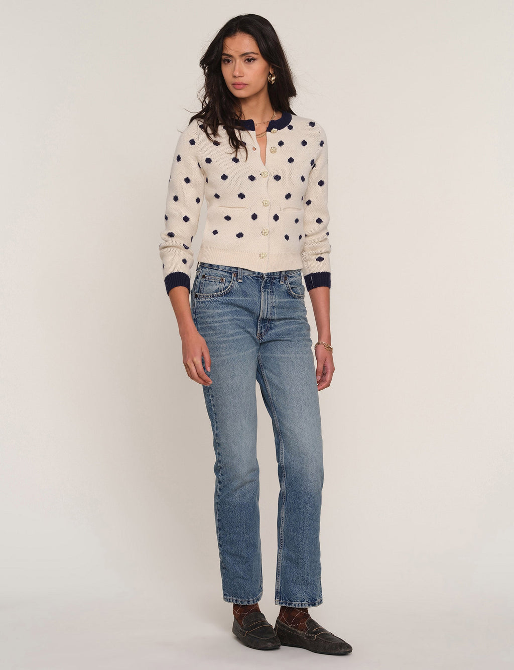 Reika Cardi, navy dot and button detail