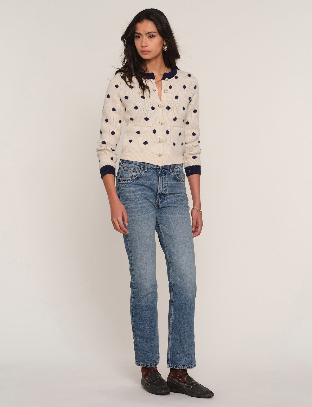 Reika Cardi, navy dot and button detail