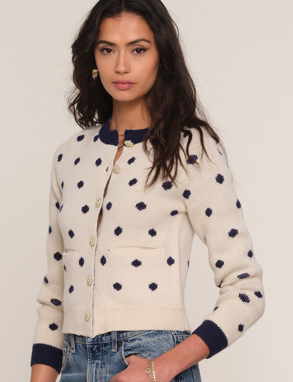 Reika Cardi in ivory, styled front view