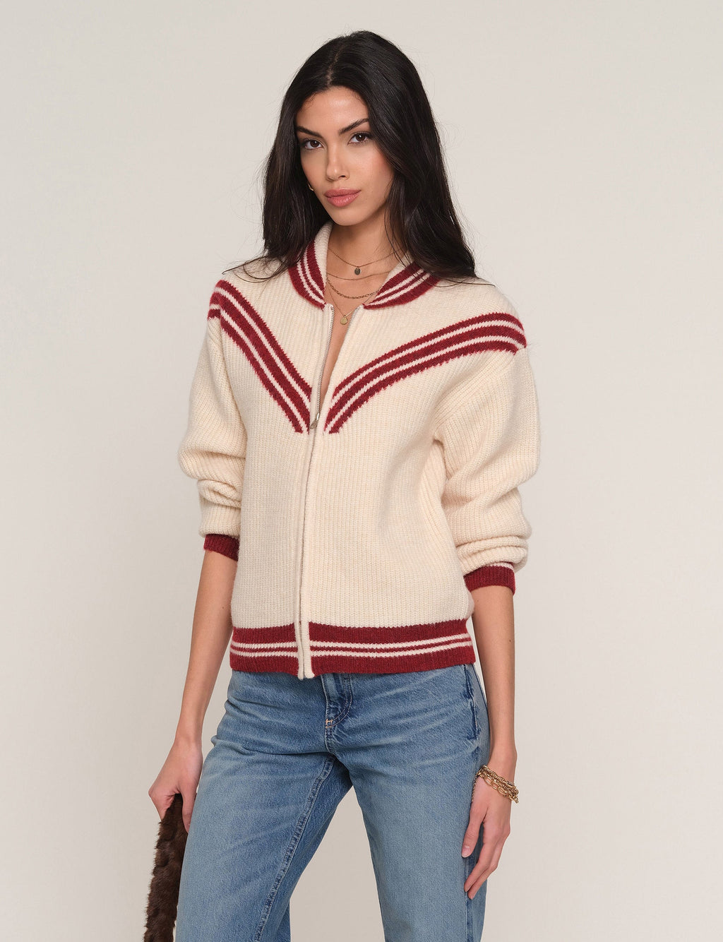 Devon Cardi in ivory, styled front view