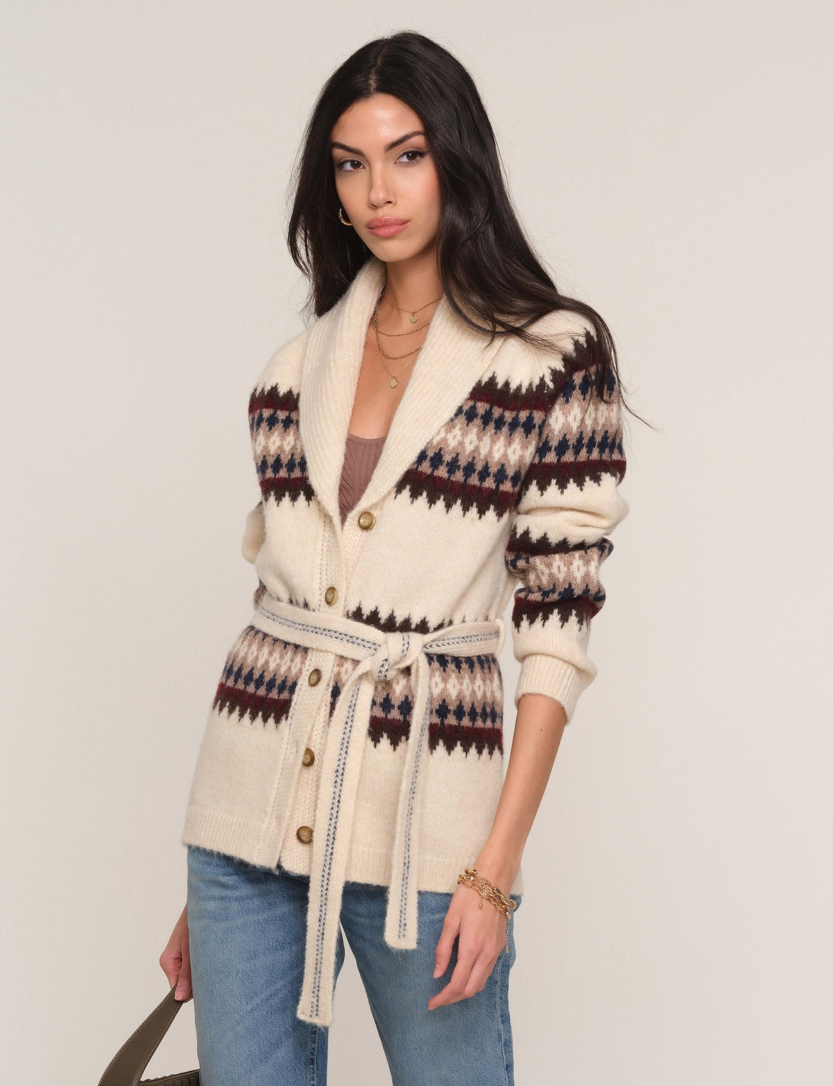 Jessi Cardi in ivory Fair Isle knit, front view
