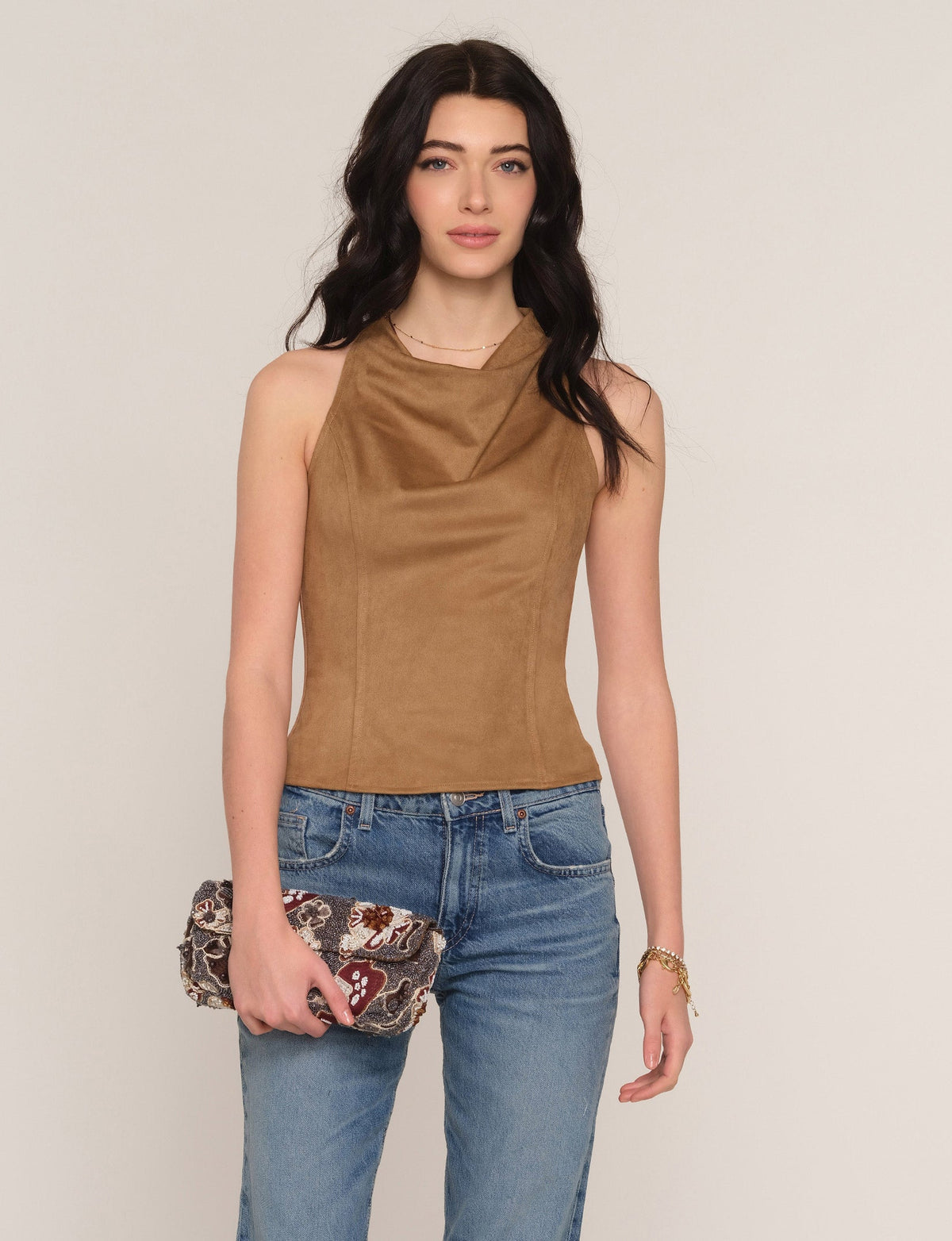 Kae Top in fawn faux suede, front view