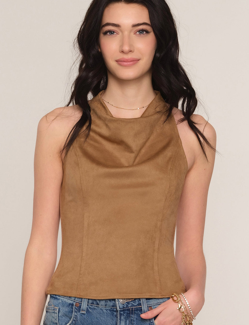 Kae Top in fawn, cowl neck detail