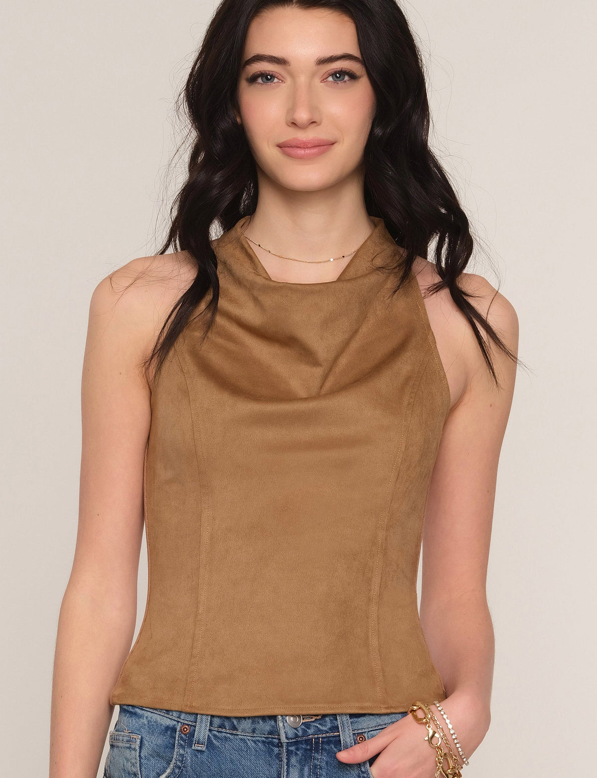 Kae Top in fawn, cowl neck detail