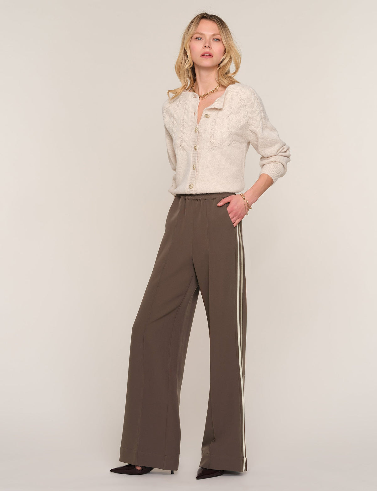 Bryson Pant in taupe with a contrast side stripe, front view