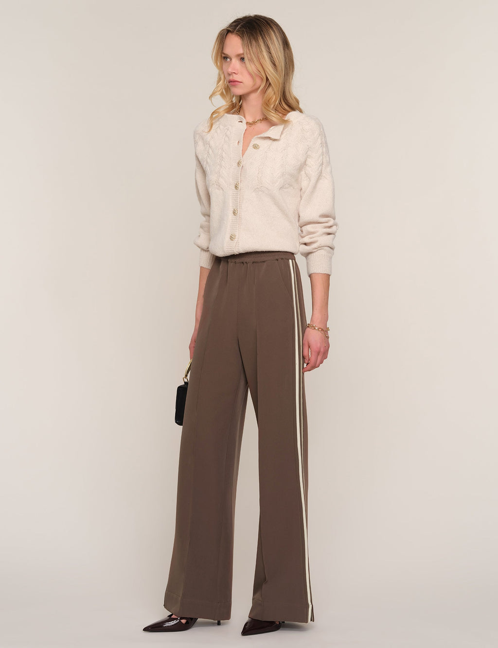Bryson Pant in taupe, styled front view