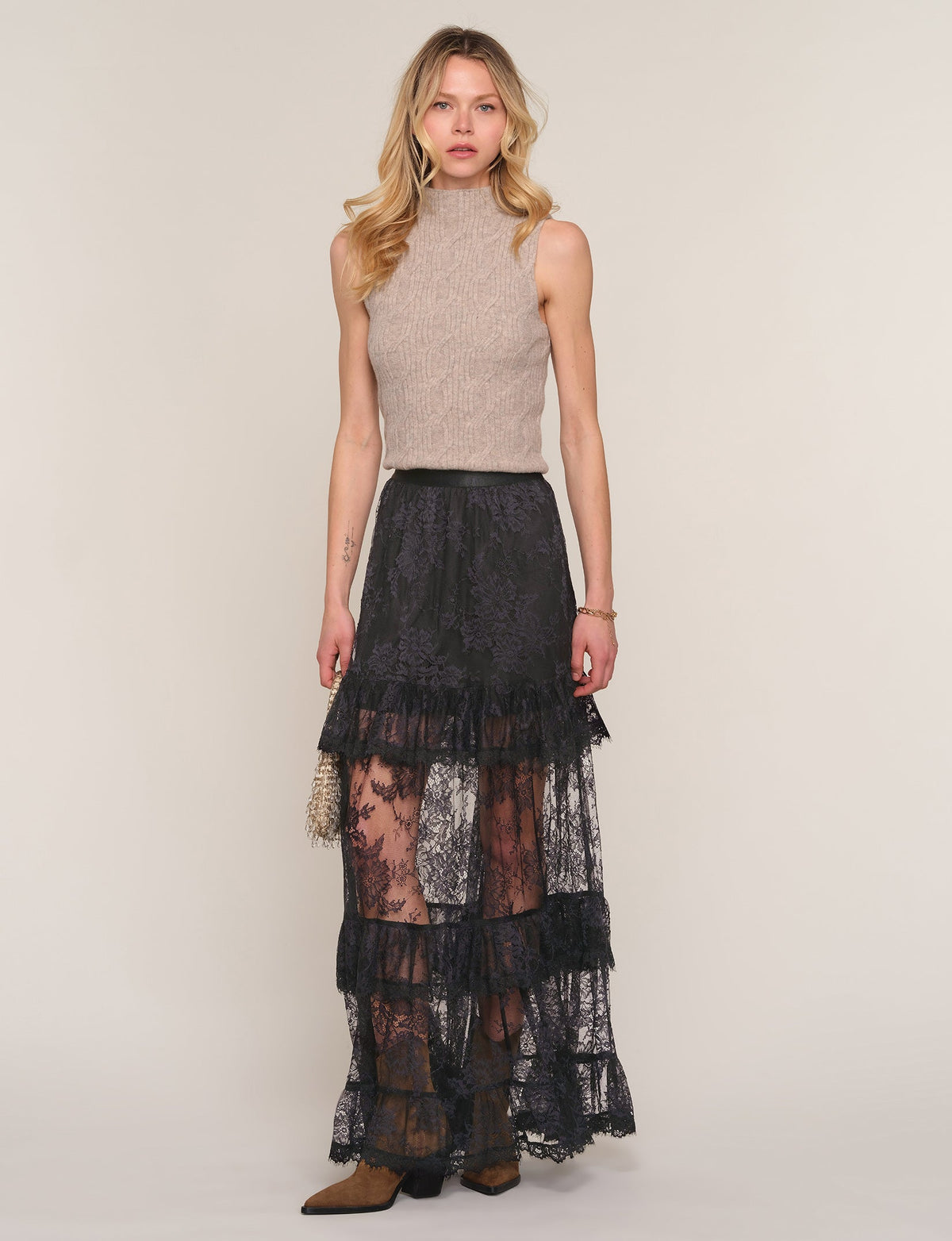 Sylvie Skirt in black tiered lace, front view