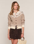 Karisa Cardi in buff with an embroidered floral yoke, front view
