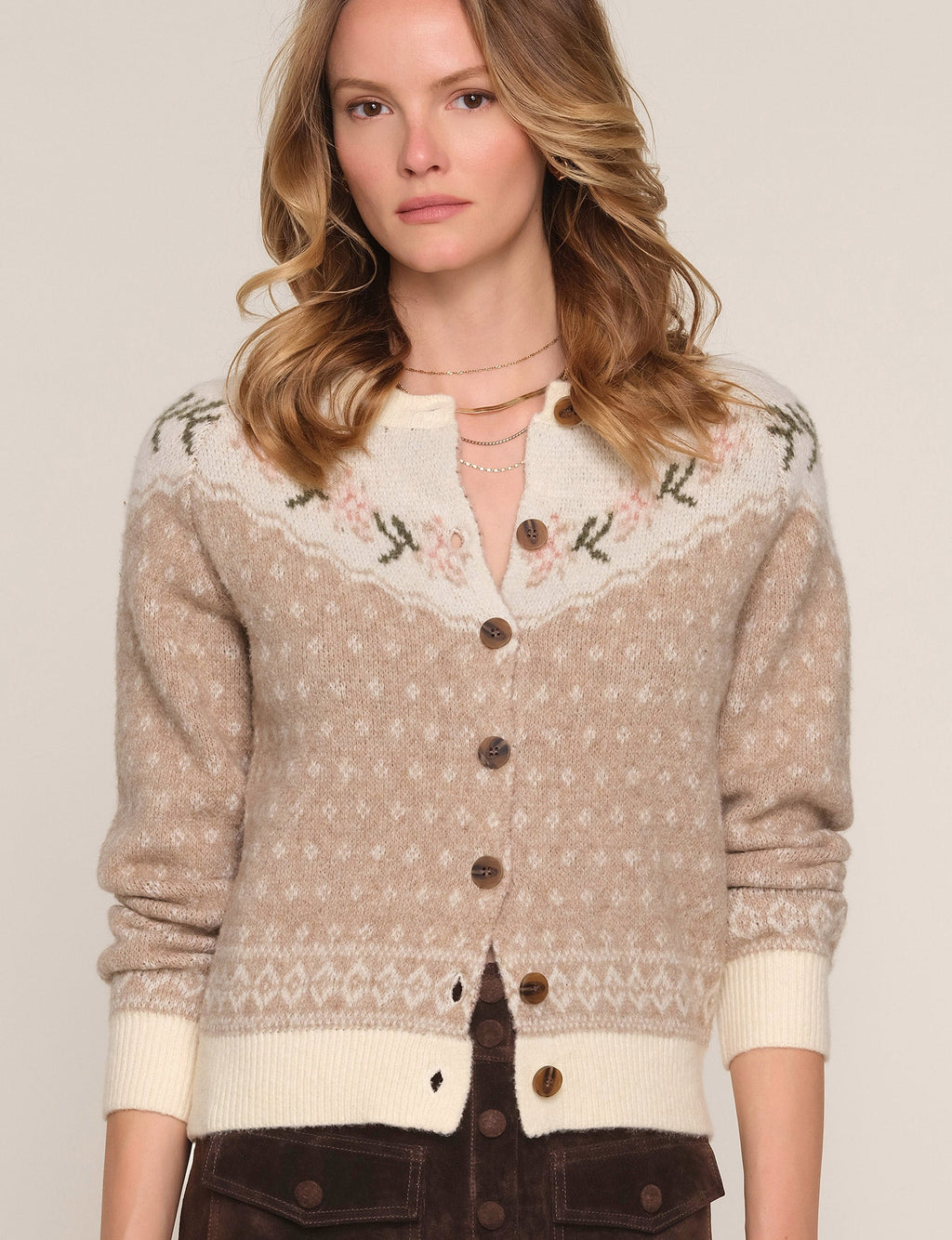Karisa Cardi in buff, styled front view