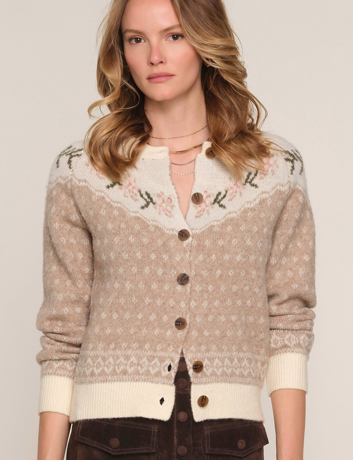 Karisa Cardi in buff, styled front view