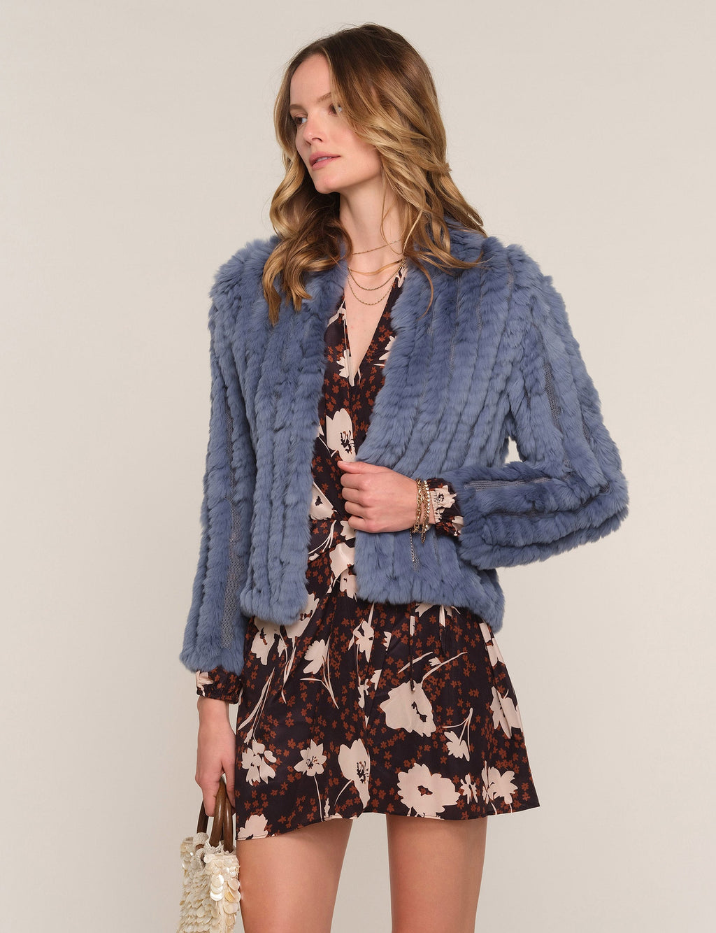 Rosa Jacket in carolina blue knitted rabbit fur, front view